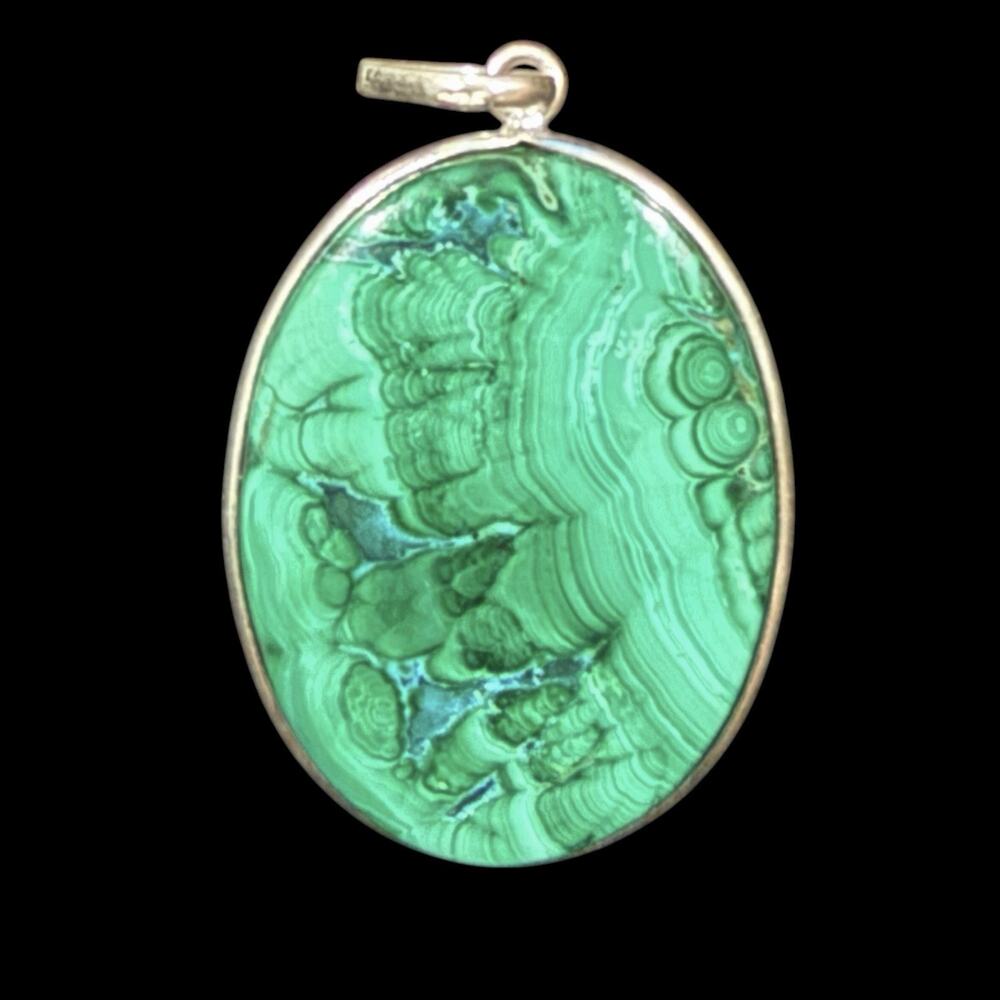 Malachite Chrysocolla Oval Gemstone Pendant 925 Sterling Silver Boho Pendant 2"